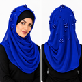 Royal blue pearl beaded chiffon hijab scarf for women with matching blue pearl details, shown on a female model in front and back views.