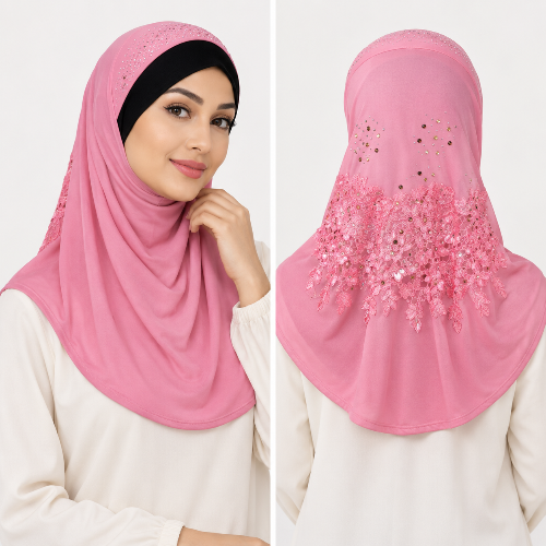 Woman modeling a pink one-piece hijab with rhinestone details, black under cap, and modest shoulder-length coverage