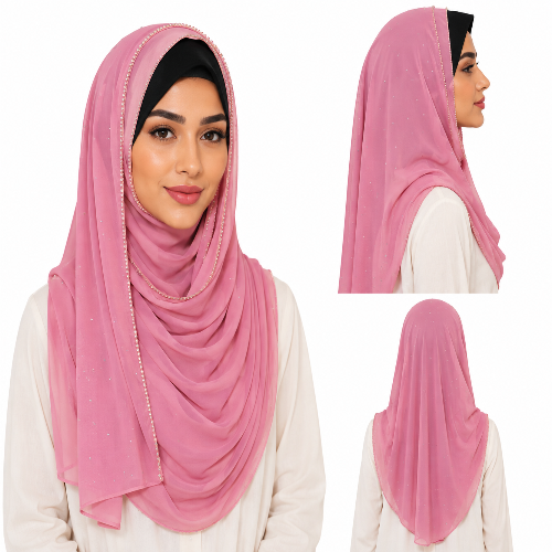 Woman modeling a pink rhinestone chiffon hijab scarf with elegant, layered draping and sparkling rhinestone details