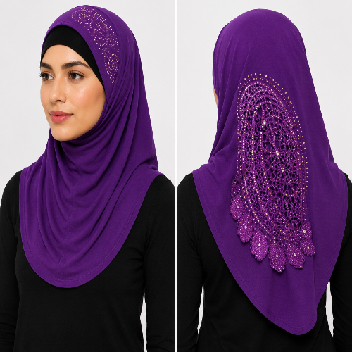 Purple rhinestone lace one piece hijab on model with decorative paisley floral detail