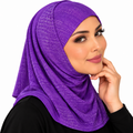 Purple two-piece stretch Lycra hijab modeled by a woman, featuring a textured shimmer finish and medium-length neck and upper-chest coverage.