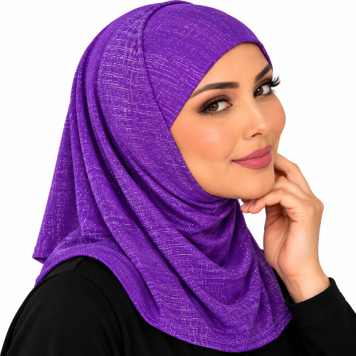 Purple two-piece stretch Lycra hijab modeled by a woman, featuring a textured shimmer finish and medium-length neck and upper-chest coverage.
