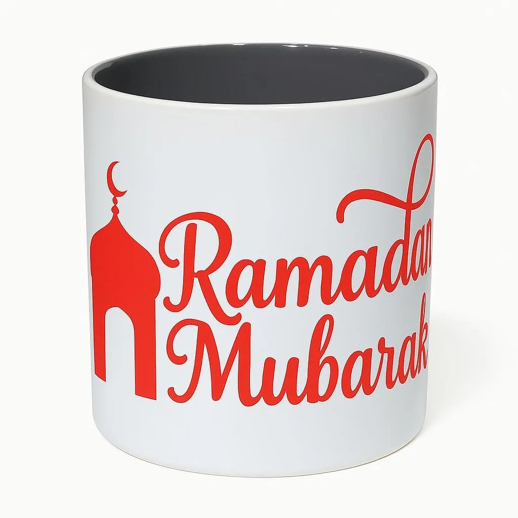 White ceramic Ramadan Mubarak mug with red mosque silhouette design and grey interior, Islamic Ramadan coffee cup, Muslim holiday gift mug