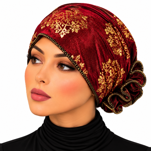 Woman wearing a red turban with elegant gold floral patterns and gathered back detail