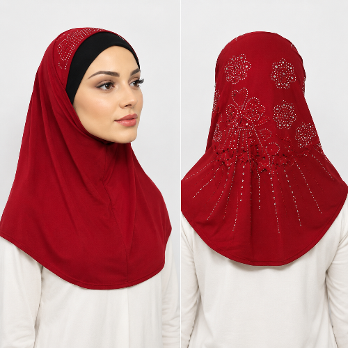 Red one-piece rhinestone hijab on a model with shoulder-length coverage and decorative rhinestone detailing