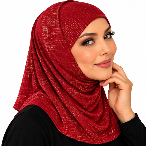 Red two-piece stretch Lycra hijab modeled by a woman, featuring a textured shimmer finish and medium-length neck and upper-chest coverage.