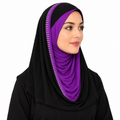 A woman wearing a black hijab with a vibrant purple inner headscarf and a decorative border of small white dots, shown against a plain white background.