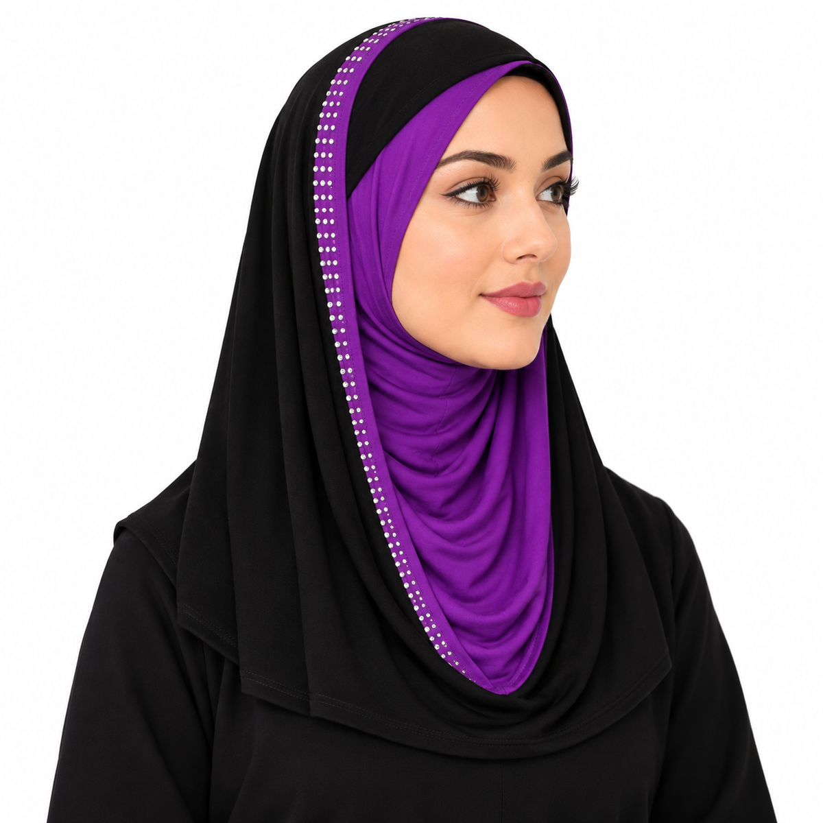 A woman wearing a black hijab with a vibrant purple inner headscarf and a decorative border of small white dots, shown against a plain white background.