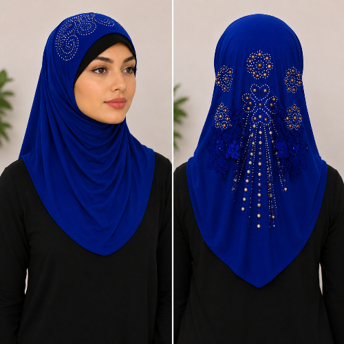 A split view of a woman wearing a royal blue hijab with decorative silver rhinestone patterns, shown from the front and back. She is wearing a black top against a light gray background with blurred green plants.