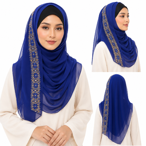 Woman wearing royal blue chiffon hijab with elegant gold embroidered edge