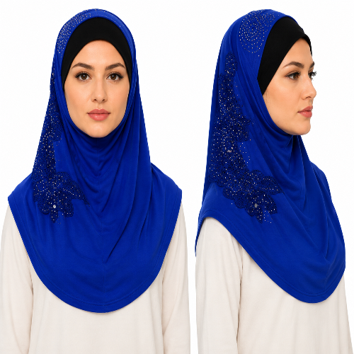 Royal blue rhinestone one piece hijab with lace detailing shown on model in front and side views