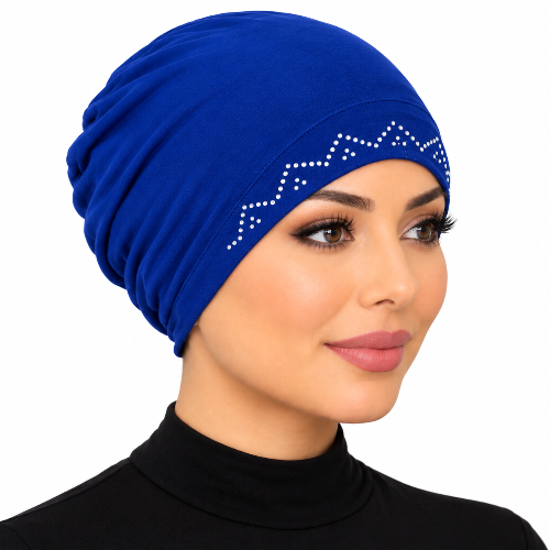 Blue Stretch Cap Hijab with Elegant Rhinestone Trim
