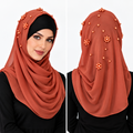 Rust pearl beaded chiffon hijab scarf for women with matching rust pearl details, shown on a female model in front and back views.
