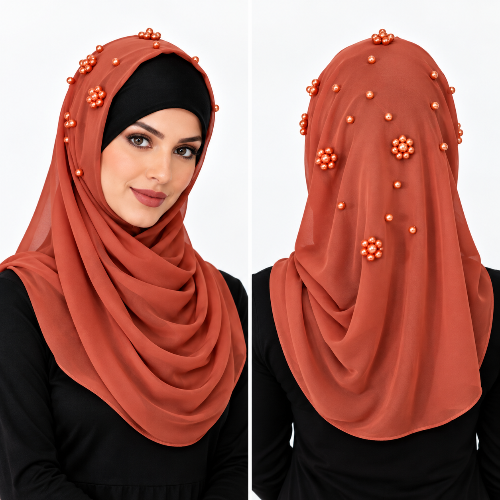 Rust pearl beaded chiffon hijab scarf for women with matching rust pearl details, shown on a female model in front and back views.