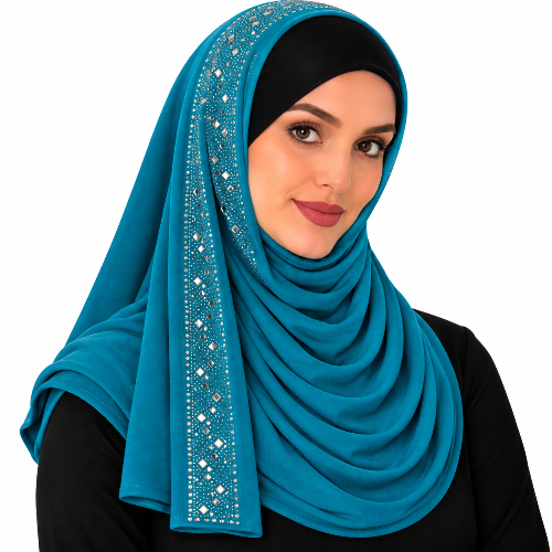 Teal rhinestone jersey hijab for women with sparkling rhinestone edge trim