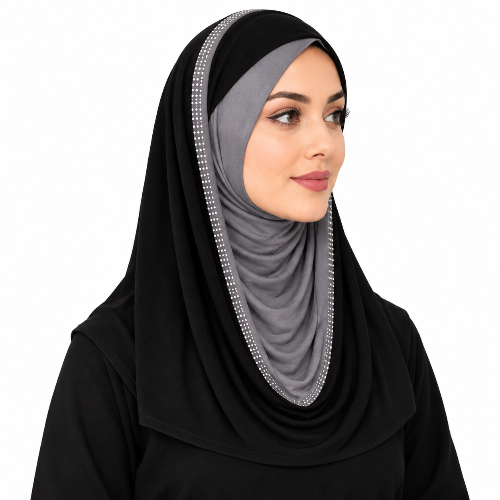 A woman wearing a black hijab with a wide gray inner hijab and a decorative silver rhinestone border, shown against a plain white background.