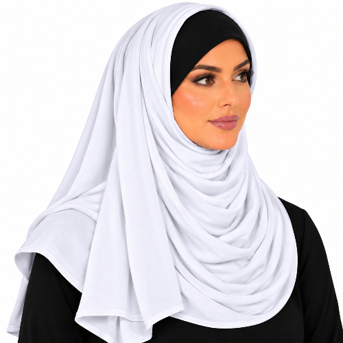 A woman wearing a white draped hijab with a black undercap and black top, shown against a plain white background.