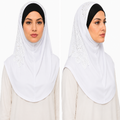 White rhinestone one piece hijab with lace detailing shown on model in front and side views