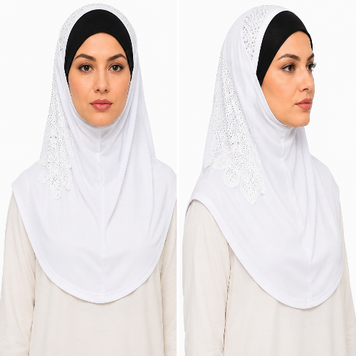 White rhinestone one piece hijab with lace detailing shown on model in front and side views