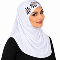 White two-piece hijab with dark floral inner cap modeled in a normal shoulder-length style on a white background.