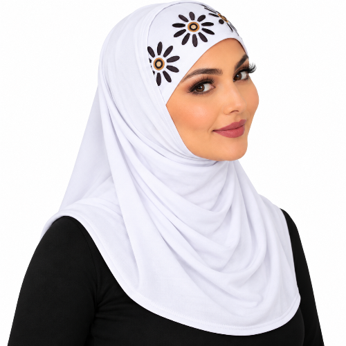 White two-piece hijab with dark floral inner cap modeled in a normal shoulder-length style on a white background.