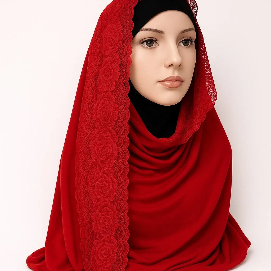 Bright Red Jersey Lace Trim Hijab