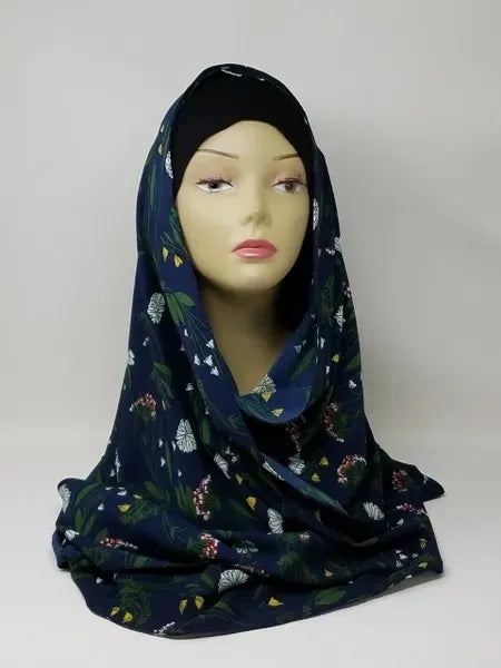 Navy Blue Floral Print Hijab Scarf