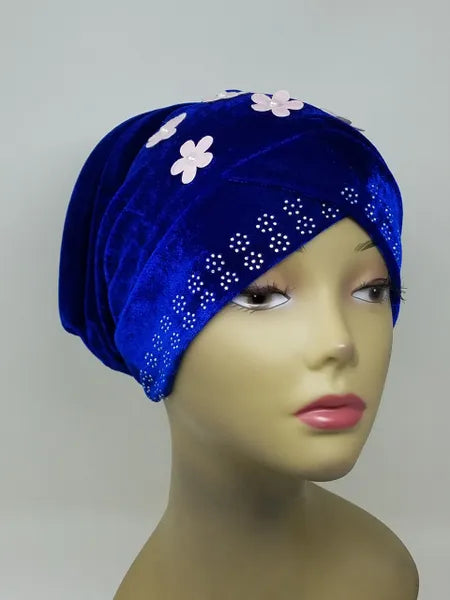 Blue Velvet Pearl Rhinestone Hijab Bun Cap